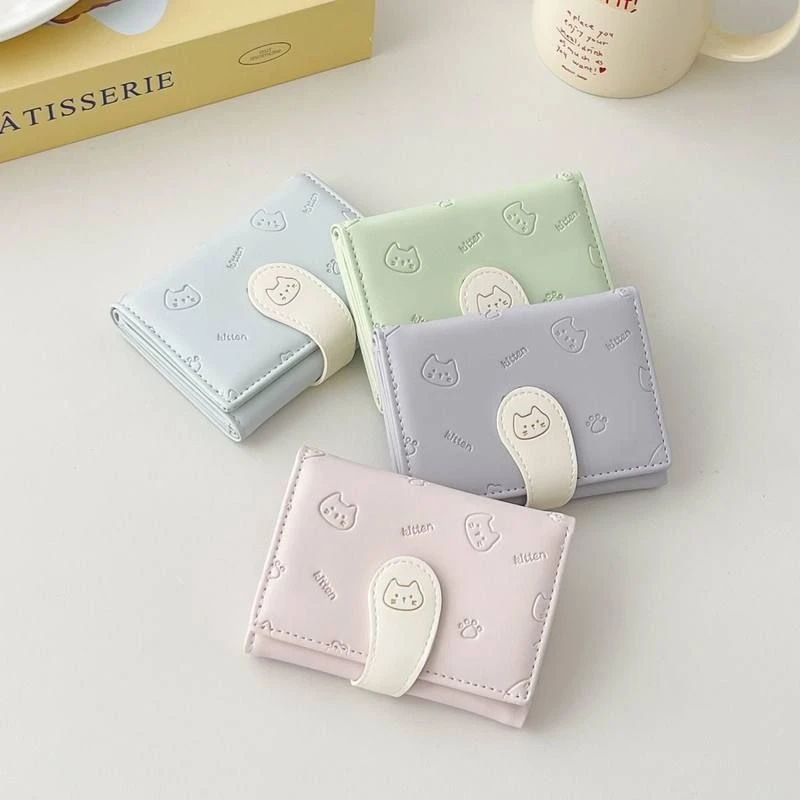 【猫咪小尾巴】可爱女士卡包 时尚扣带PU短三折零 钱包wallet
