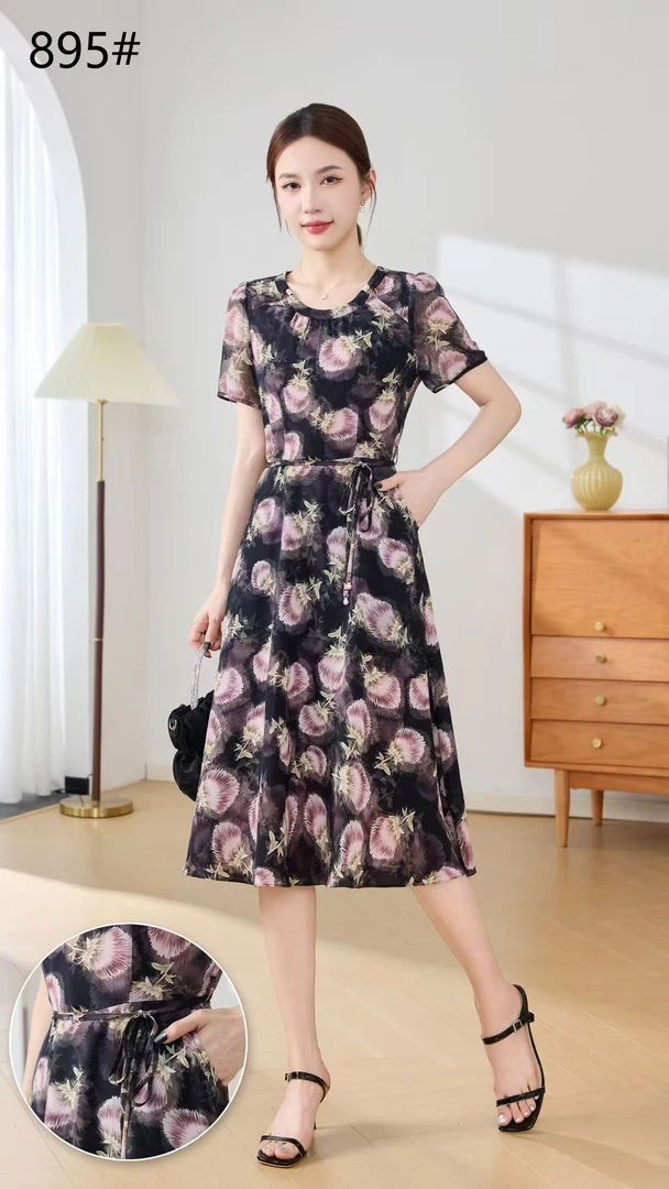 X0593 显瘦印花A字裙短袖连衣裙裙子中长裙百搭复古夏季