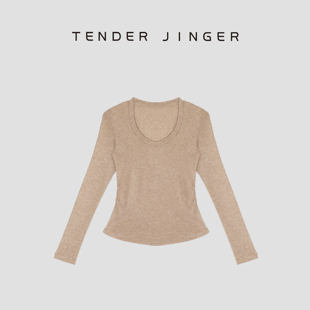 Tender Jinger天丝羊毛抽褶水滴领长袖T恤T53HHH30727