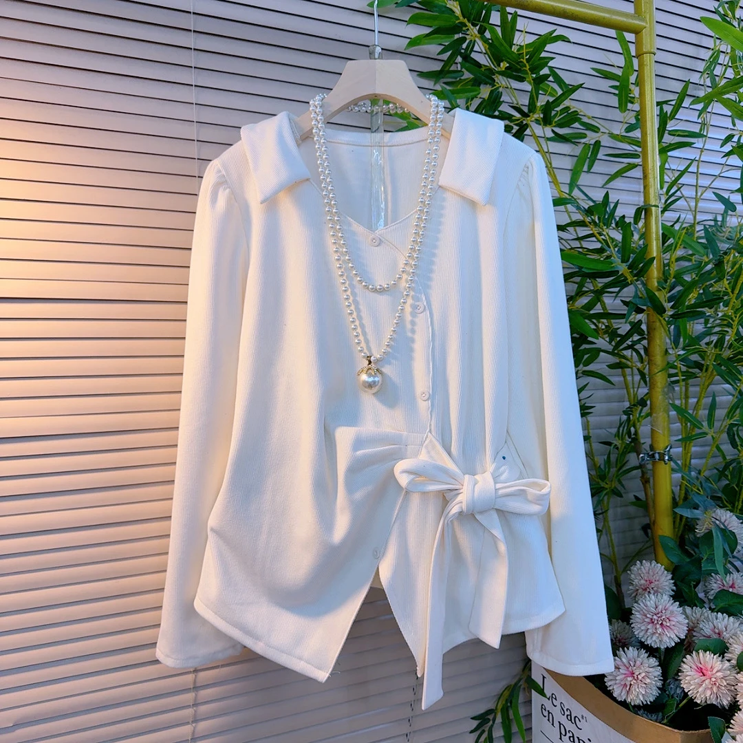 6102胖mm欧货时尚不等式名媛风纯色翻领掐褶系带收腰显瘦百搭上衣