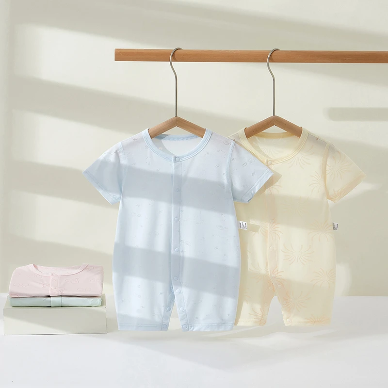 婴儿衣服莫代尔薄款夏款镂空a类新生儿无骨短袖哈衣出生宝宝哈衣
