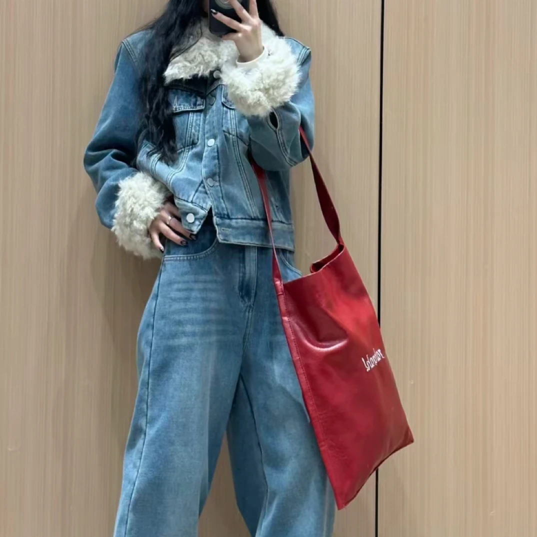 冬款牛仔套装～加绒牛仔外套加绒阔腿裤两件套（毛领袖口都可拆卸）