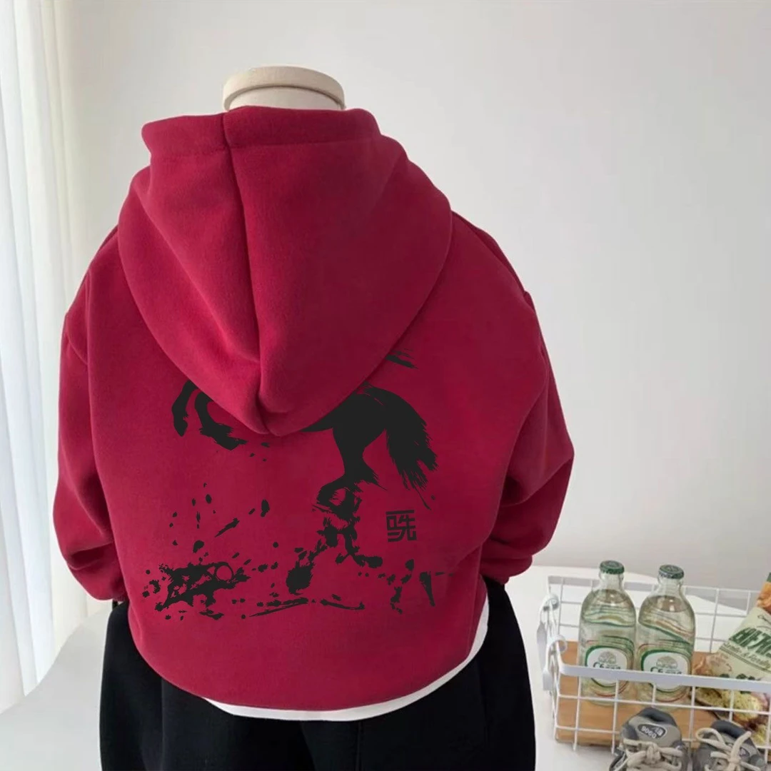 新款男童女童秋冬季加绒加厚连帽卫衣中大童百搭洋气一体绒上衣潮