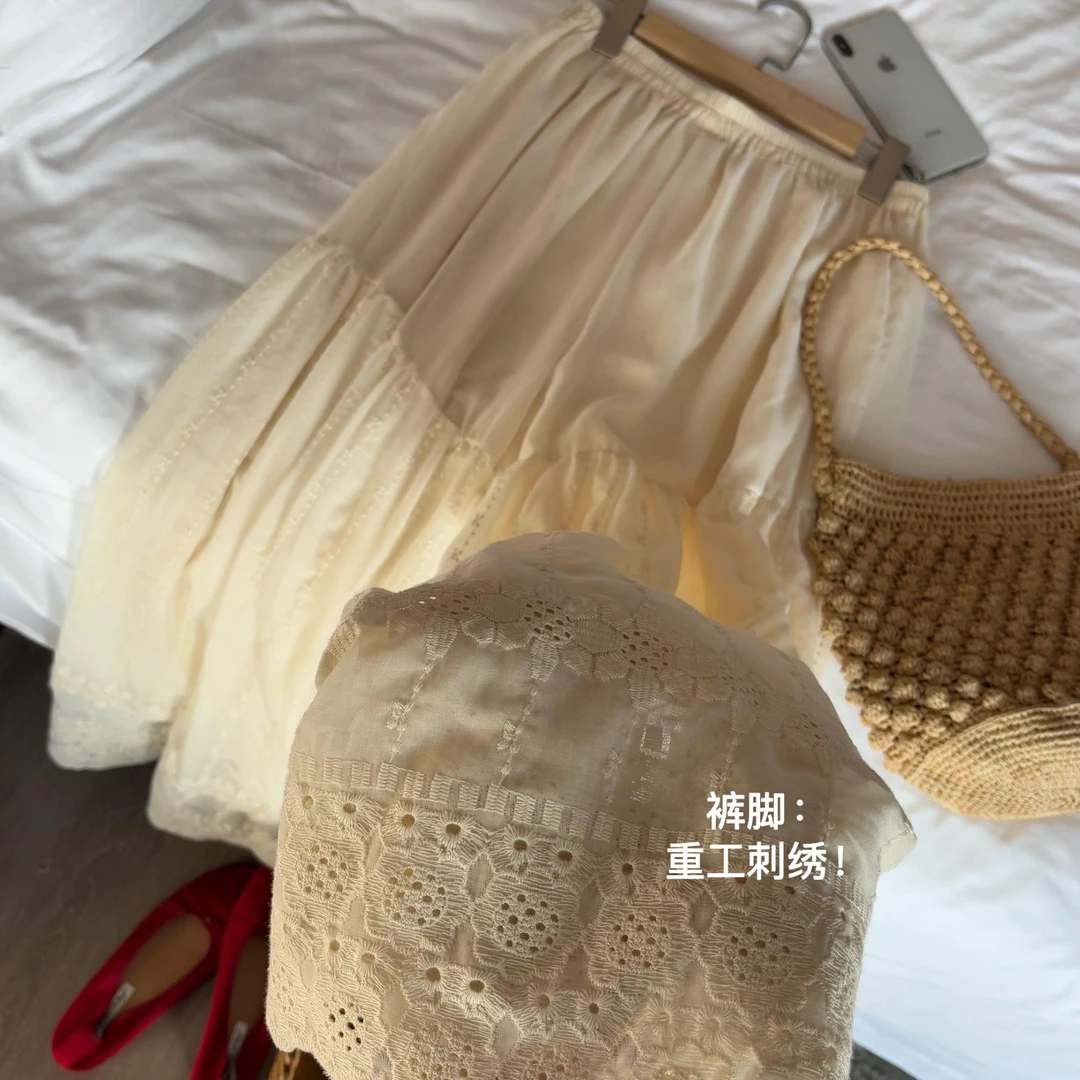 S9031 日系小清新镂空刺绣高腰a字阔腿裤女蕾丝减龄百搭裙裤
