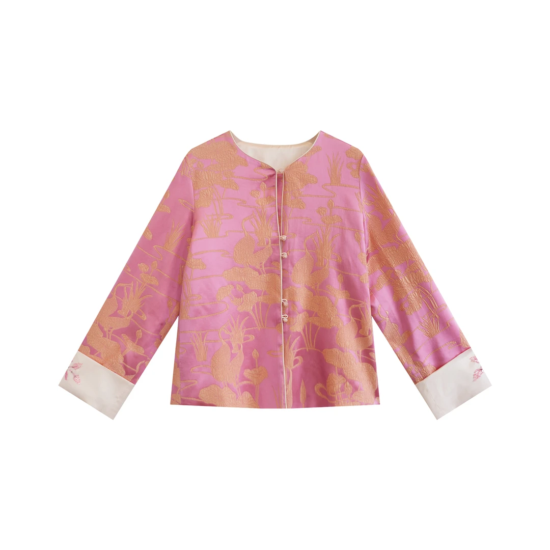 【双旦福利】桃樰 新中式杨幂同款粉色提花撞色对襟短外套 H25078