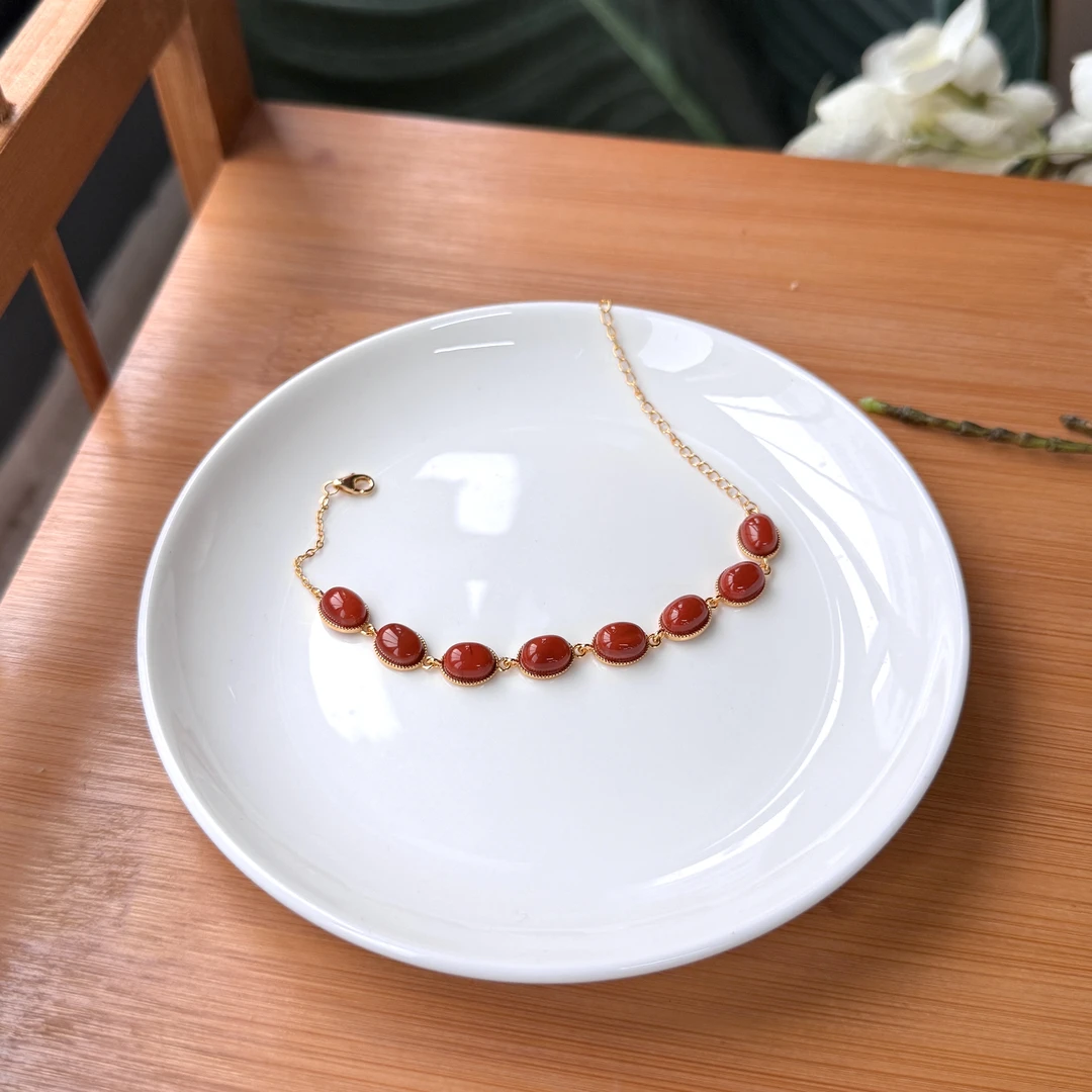 【珠宝厂长】约6*8mm南红椭圆蛋面S925银手链