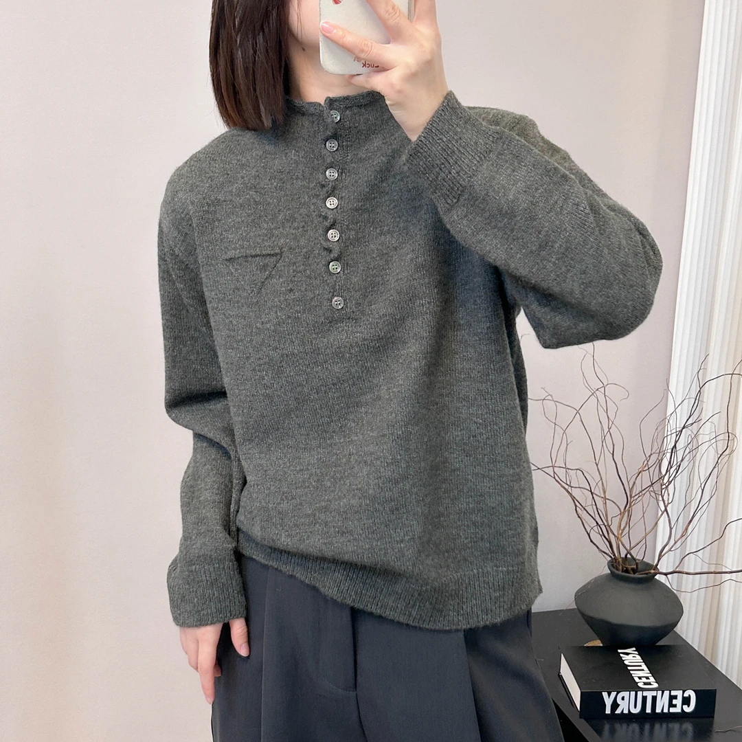 小三角提花半开门襟单排扣长袖针织打底衫秋冬季新款宽松韩版毛衣