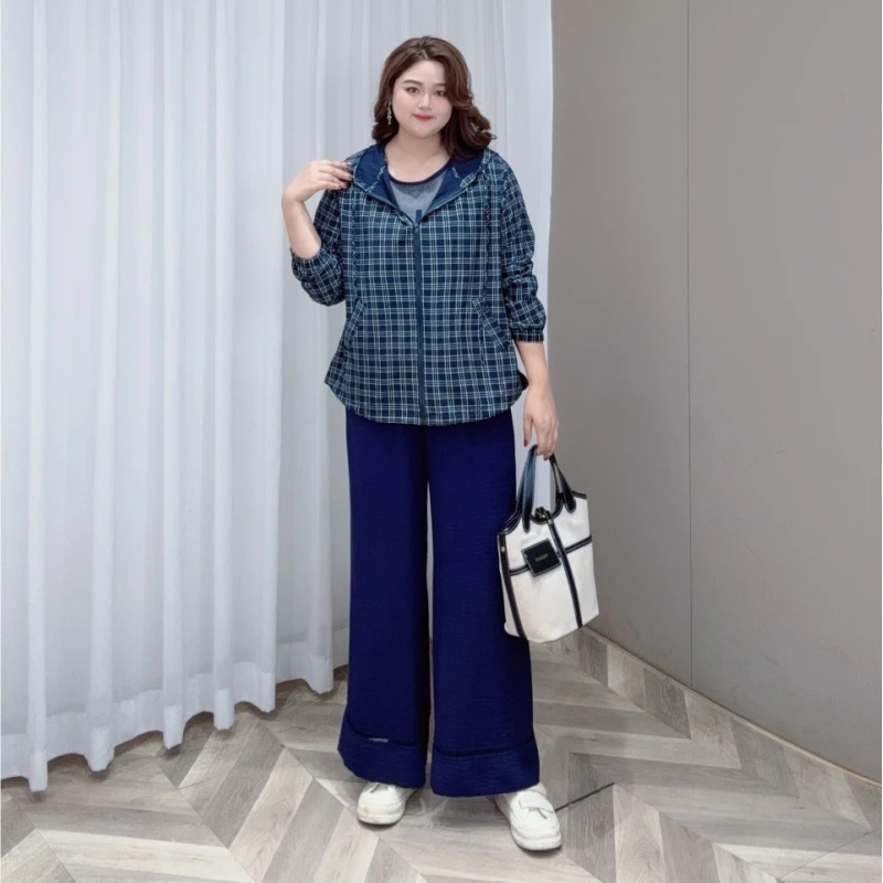 PWD33164【现货仅外套】百搭连帽格子休闲衬衫外套大码女装【衣长68】