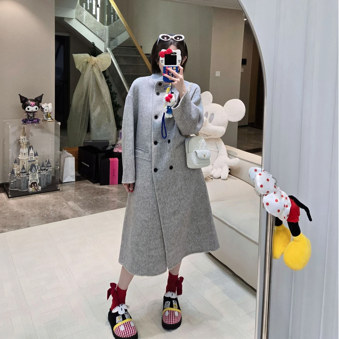 冬季女立领新款高级感时尚双排扣设计外套显瘦长款垂坠感羊毛大衣