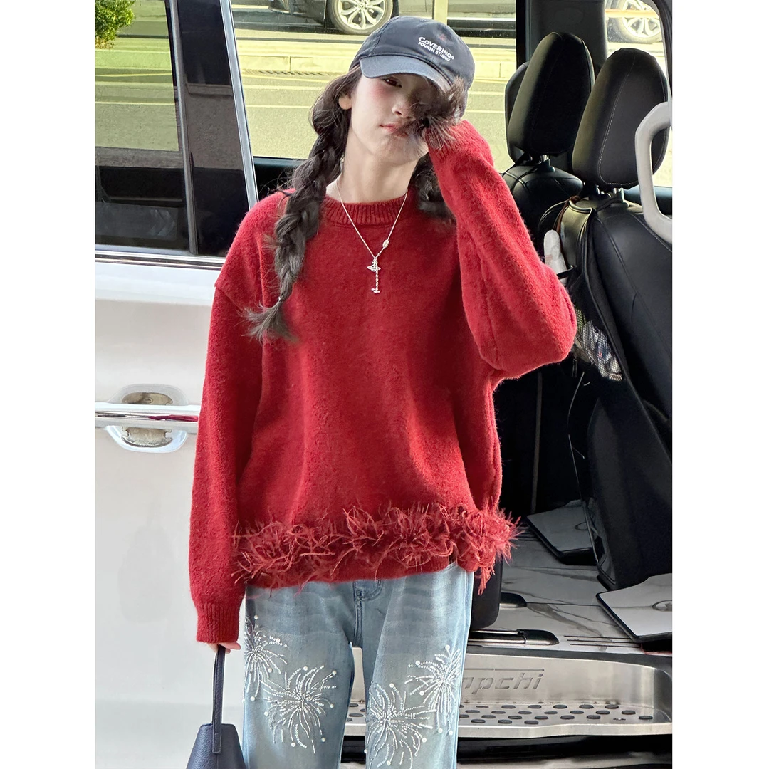 K30451女童毛衣秋冬装新款2025新款儿童加厚针织打底衫红色新年装