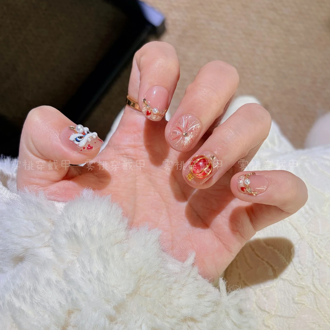 宫灯醒狮｜手工掐丝灯笼立体浮雕醒狮猫眼爱心手绘纯手工美甲