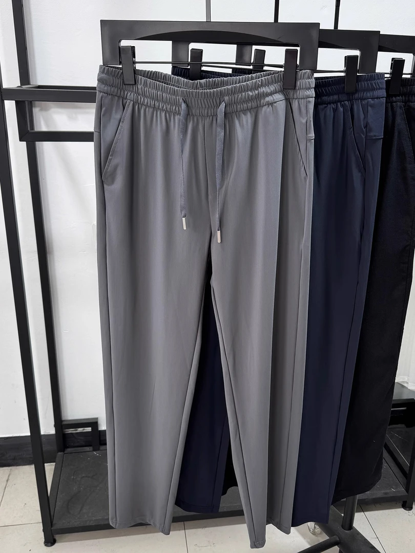 男士冰丝空调裤夏季凉感直筒休闲裤松紧抽绳高弹力长裤直筒透气