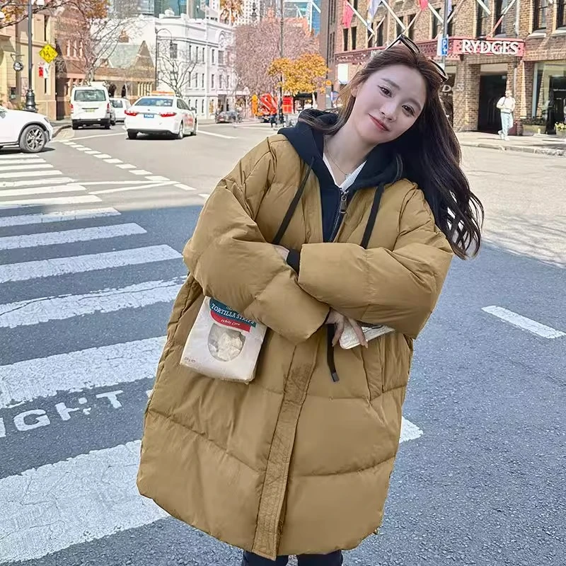 羽绒服女中长款2025冬季韩版宽松时尚百搭假两件加厚大码孕妇外套