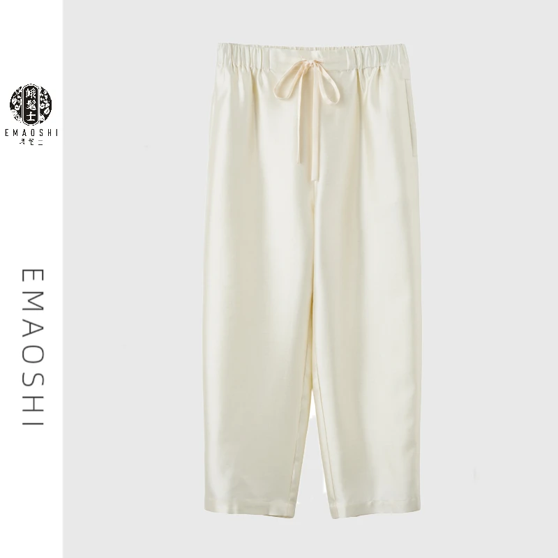 峨髦士丝毛缎长裤民族风休闲裤白色裤子春秋宽松春夏阔腿裤女