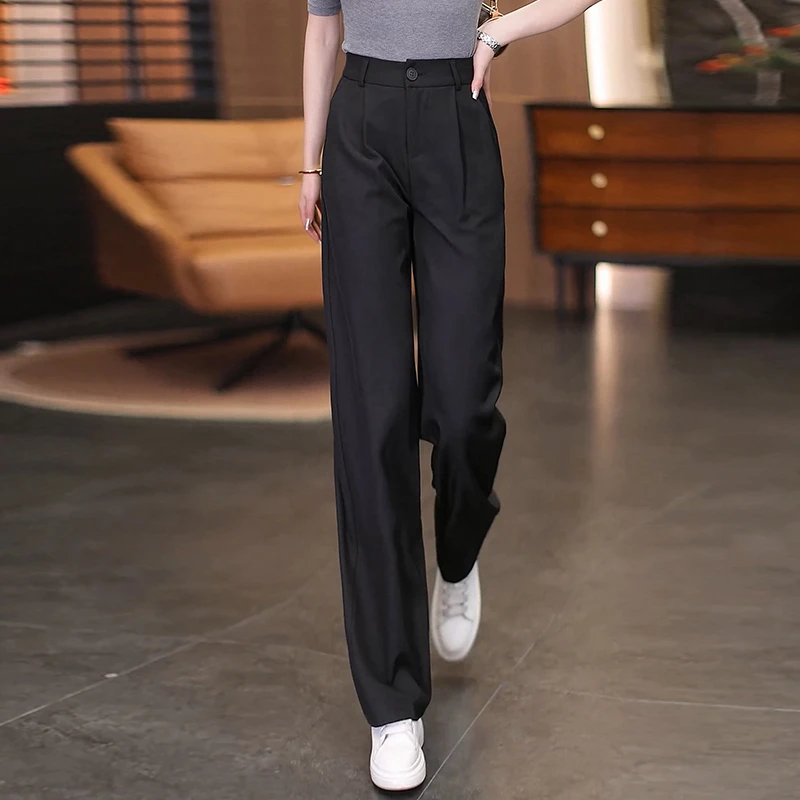 黑色窄版西装阔腿裤女2025新款春夏女裤高腰显瘦垂感休闲直筒裤子