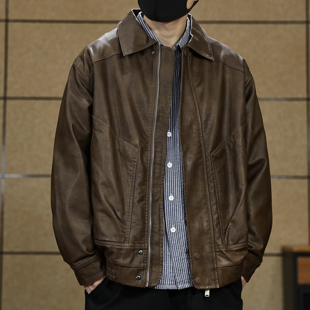 高端美式复古咖色翻领机车痞帅PU皮衣男秋季新款休闲宽松夹克外套