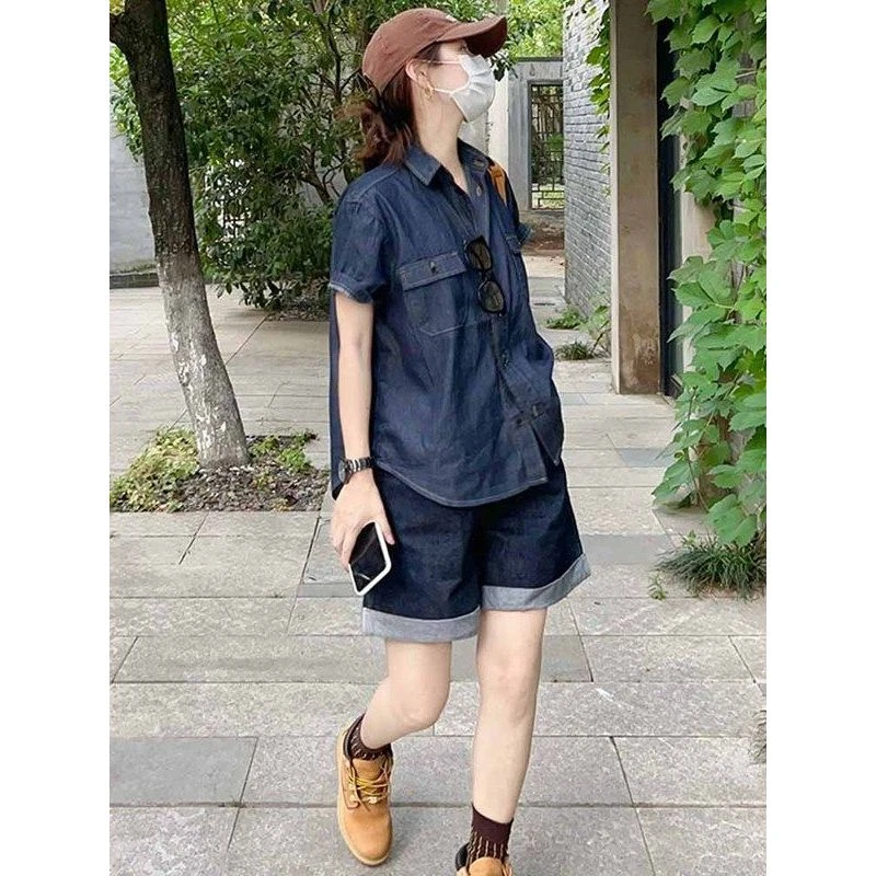 网红时髦牛仔短裤套装夏装女2025新款宽松显瘦衬衫短袖两件套韩版