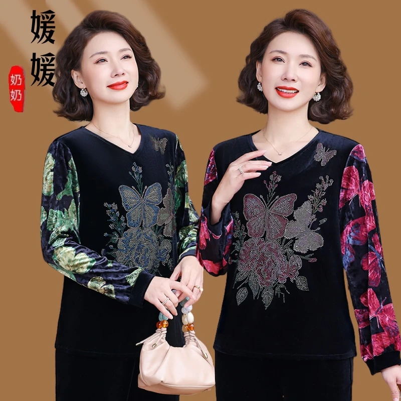妈妈春款时尚洋气打底衫蝴蝶烫钻上衣中老年女装春秋显瘦t恤小衫