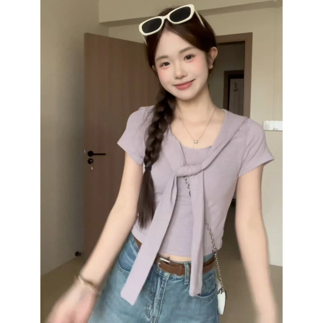 韩系时尚披肩绑带正肩短袖t恤女款2025夏季纯欲风小个子短款上衣