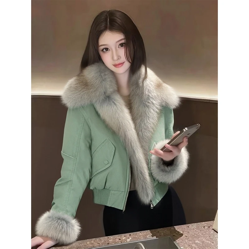 美式绿色高级感夹克外套女装冬小个子短款高级感独特漂亮加厚大衣
