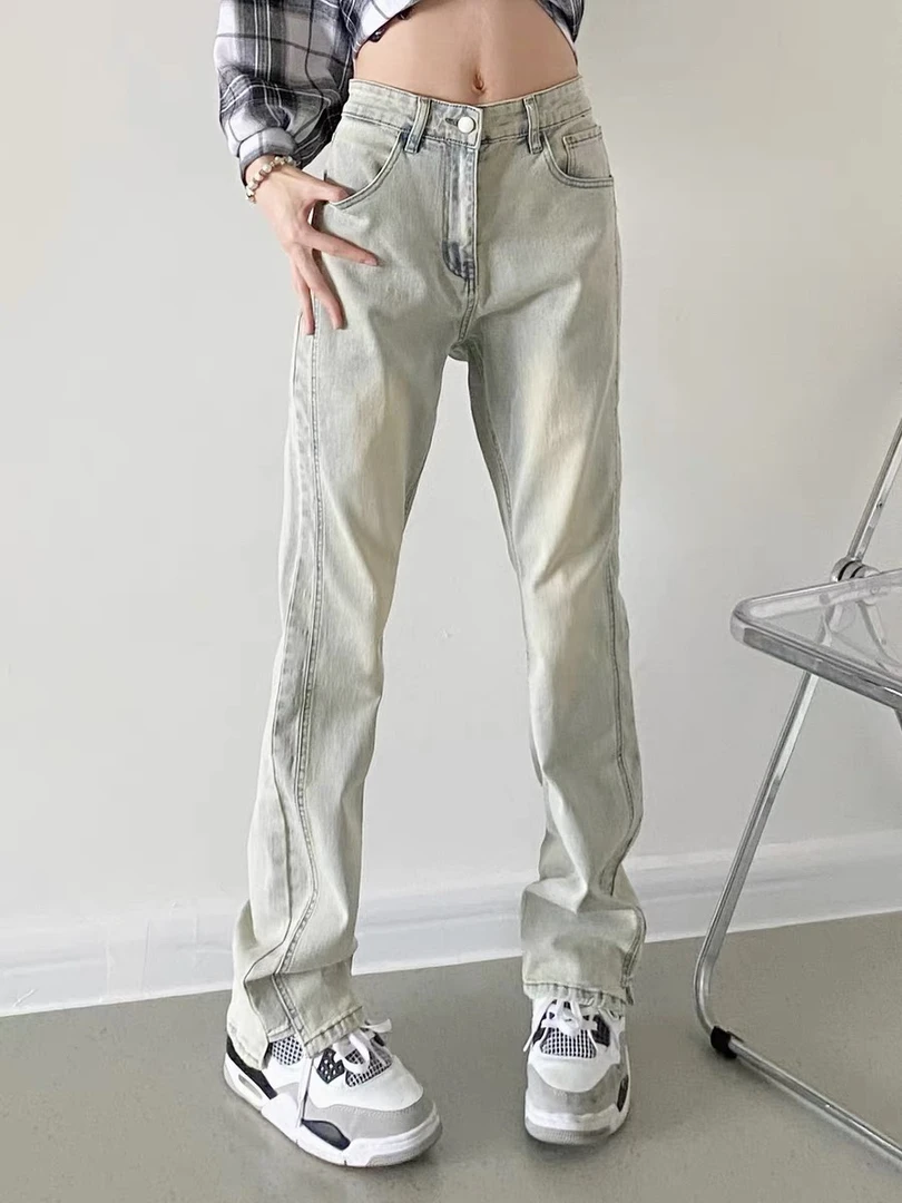 202美式高街黄泥牛仔裤男潮牌修身直筒裤vibe微喇裤显瘦裤子