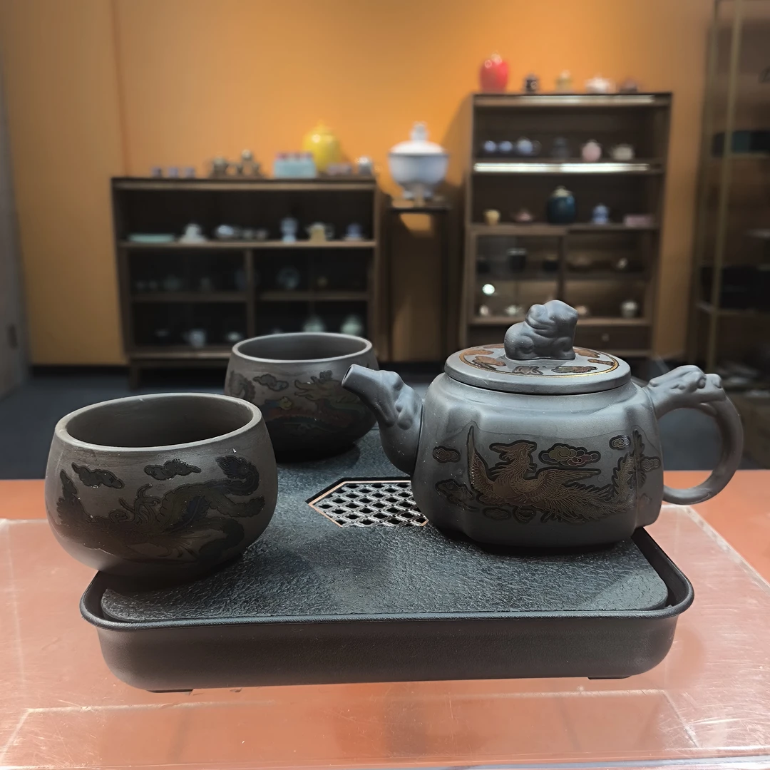 德化云仓 紫陶龙凤紫砂壶一壶两杯功夫茶具-2530