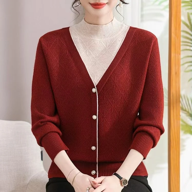 妈妈秋冬假两件上衣针织打底衫中老年女洋气翻领长袖百搭毛衣9082