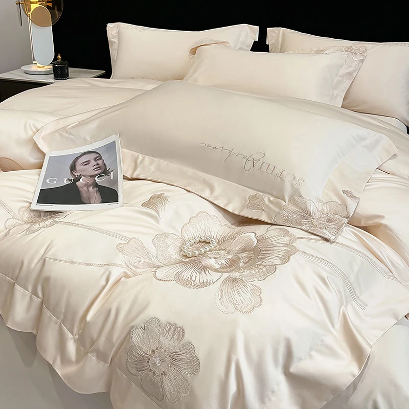 水星家纺适用母婴级200支长绒棉100%纯棉四件套全棉刺绣被套床单8