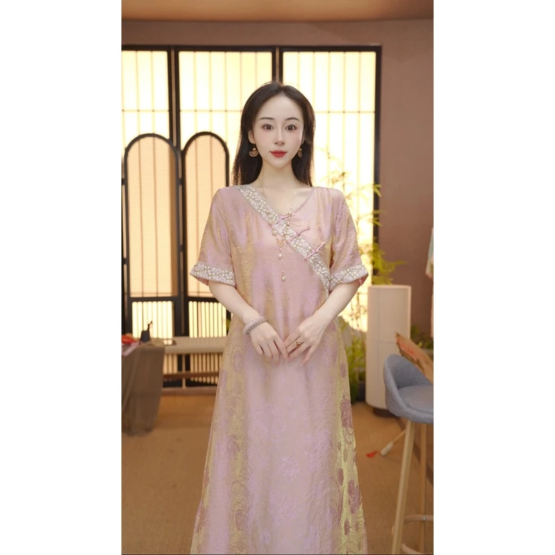 2025新中式改良中式斜襟春夏季女装宽松连衣裙妈妈装时尚裙子