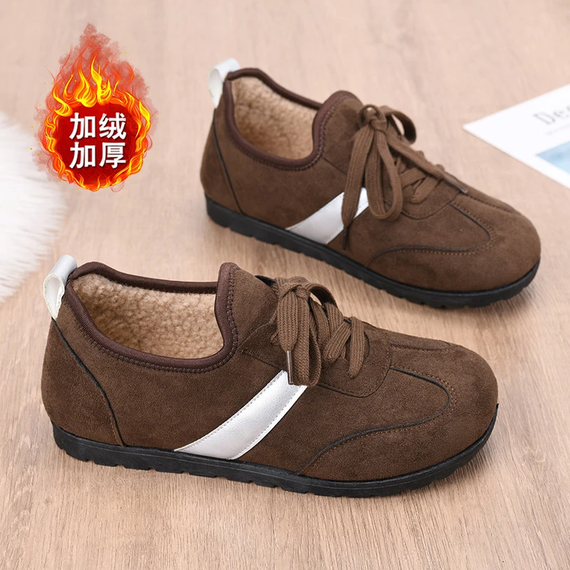 德训鞋女冬季棉鞋复古圆头休闲鞋加绒保暖时尚百搭软底防滑平底鞋