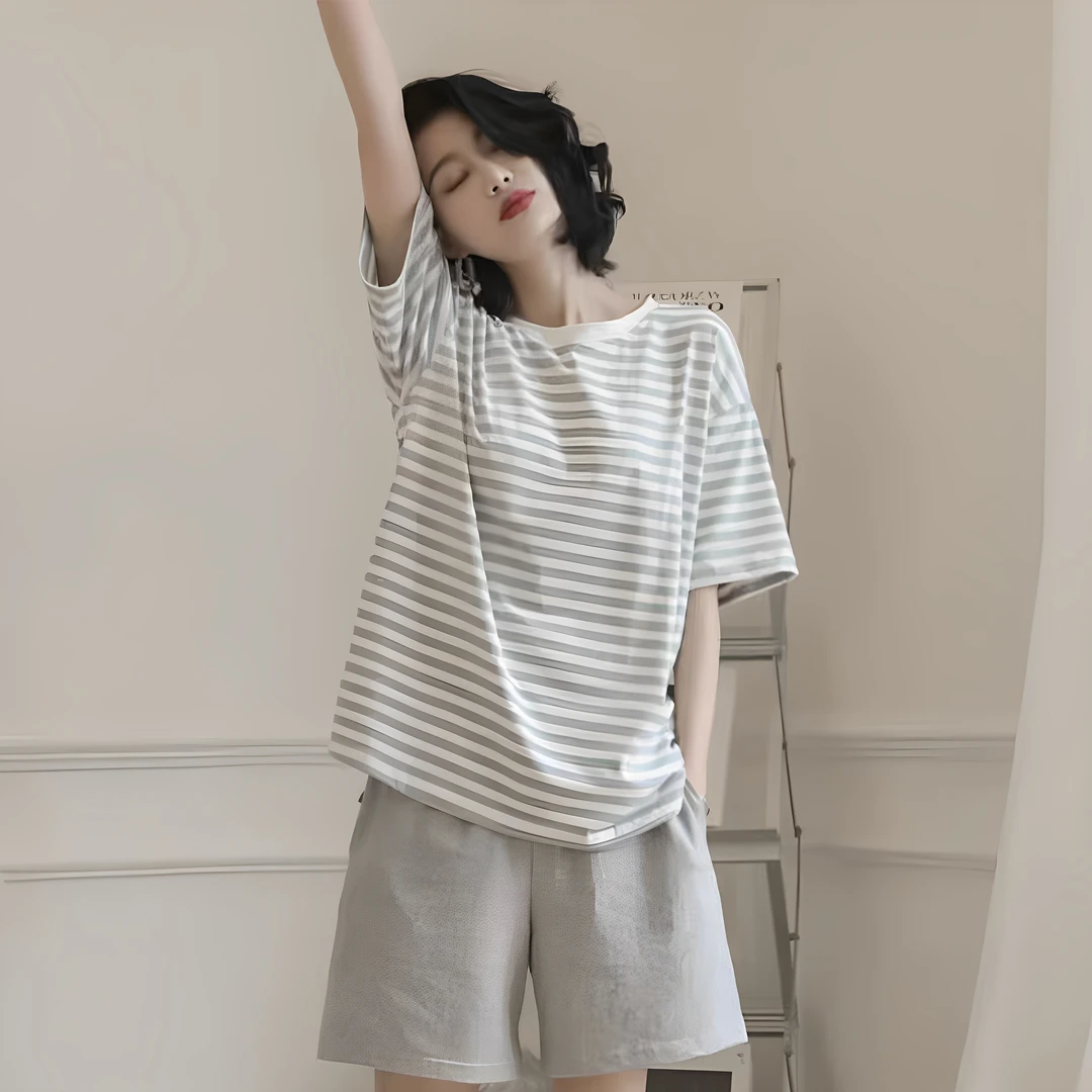 莫代尔2025年新款爆款睡衣女夏季纯棉短袖两件套夏天条纹薄家居服