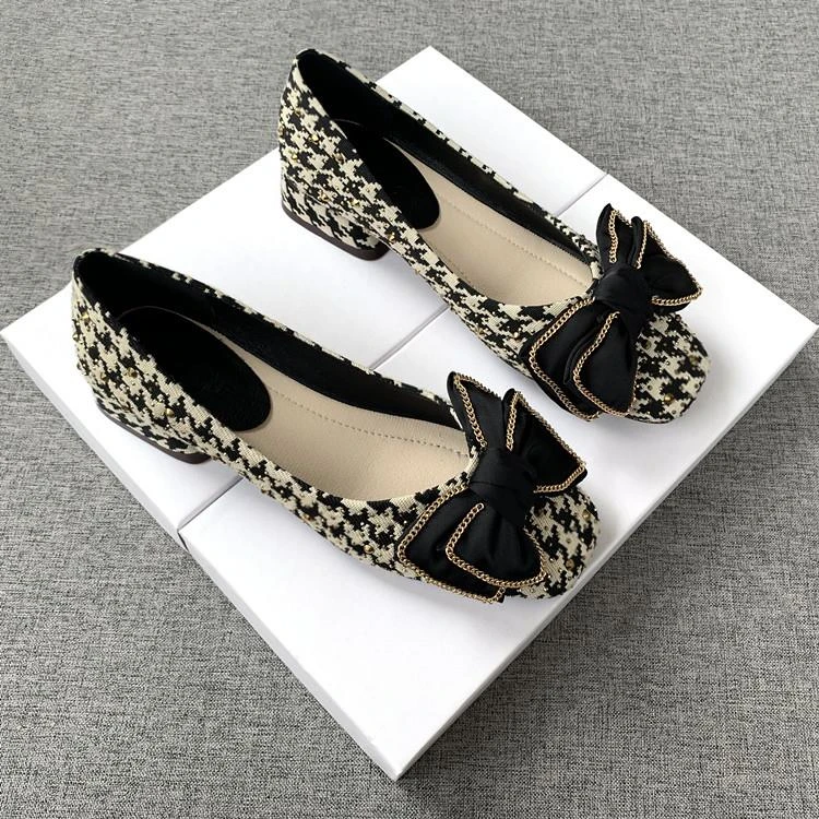 小香风千鸟格方头平底鞋浅口软底单鞋尖头气质百搭蝴蝶结粗跟女鞋