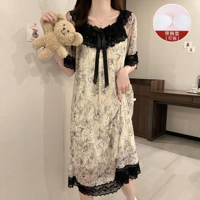 网纱睡裙女夏季带胸垫短袖公主风蕾丝新款夏天大码睡衣家居服
