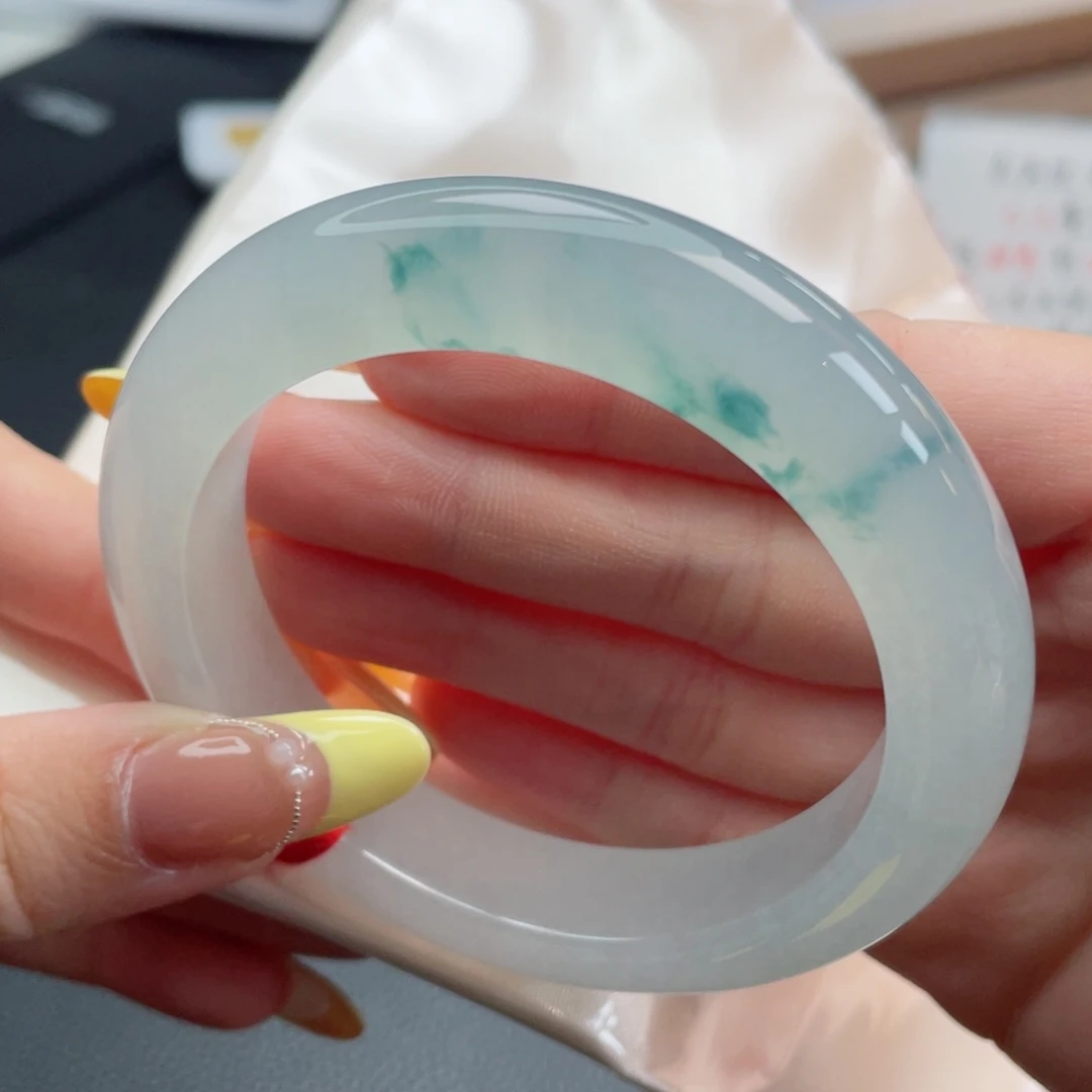 未镶嵌手镯翡翠56.3冰蓝飘花 正冰炸光感 宝藏毕业 56号