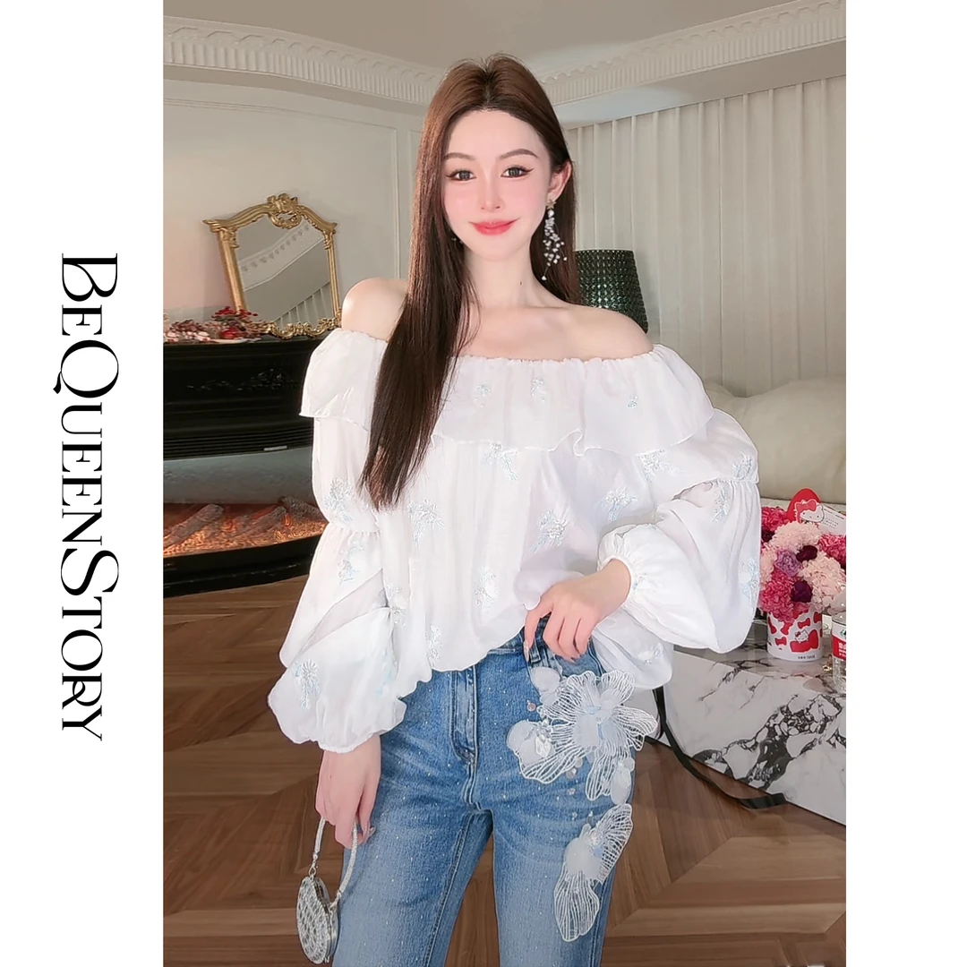 余潇潇【晴空白桃】时尚重工刺绣手工钉珠荷叶边衬衫新款