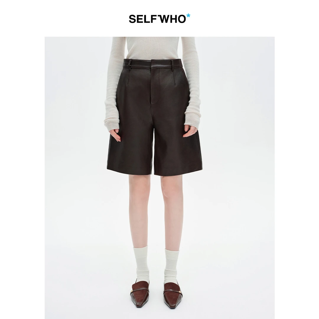 SELFWHO100%绵羊皮复古A字中短皮裤女2025冬季新款琥珀流光休闲裤
