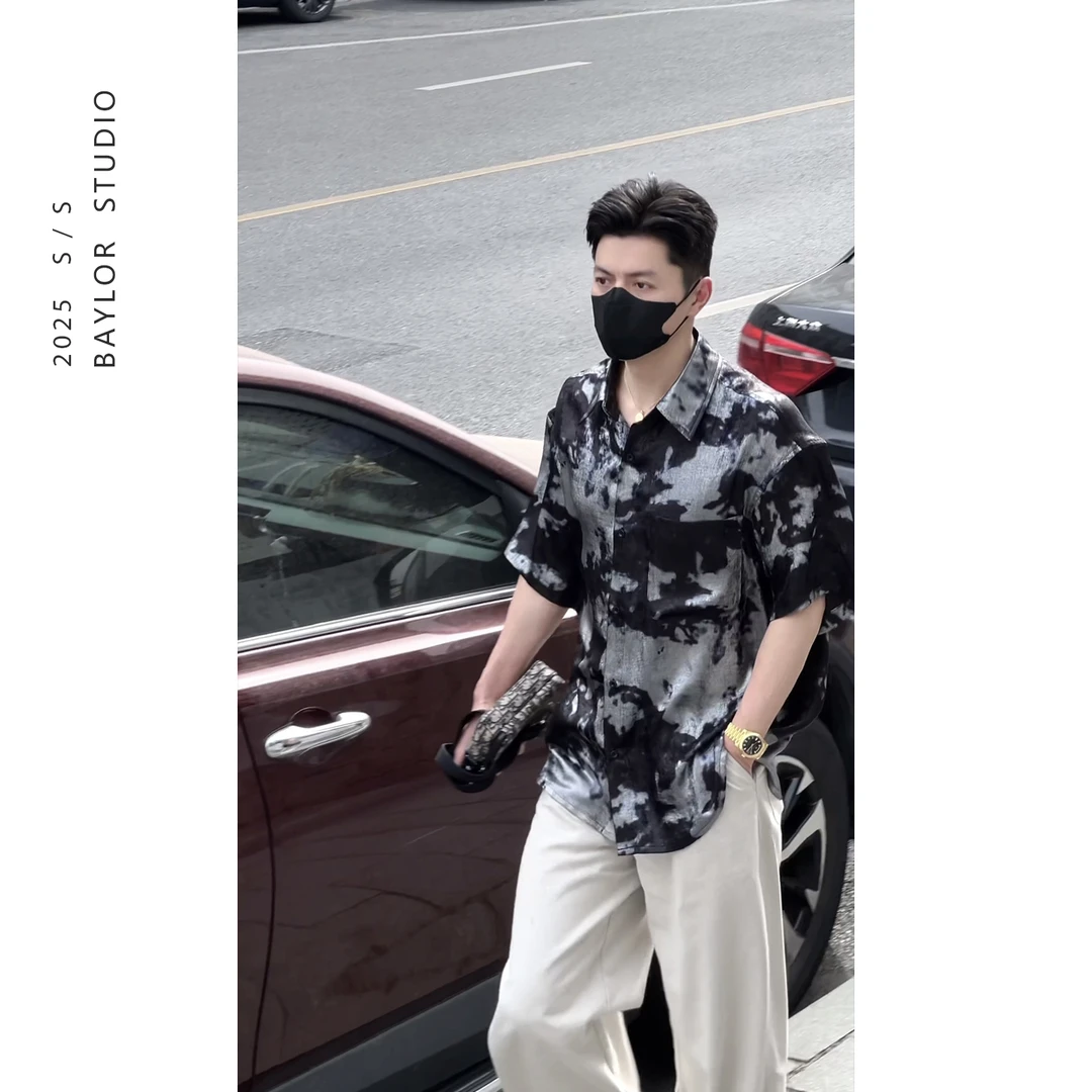 25夏季顶奢系列 高级感老钱风 定制特殊银色水墨扎染 短袖衬衫