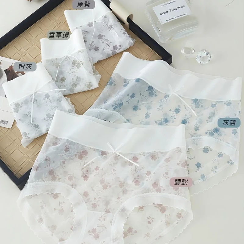 【拍3发5】女士内裤中腰轻柔透气舒适亲肤蕾丝蝴蝶结小花新款A5352