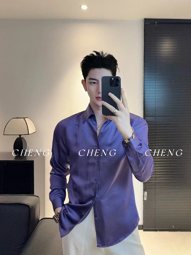 「程程的试衣间」法式高级感缎面质感男士衬衣长袖百搭翻领时尚衬衫
