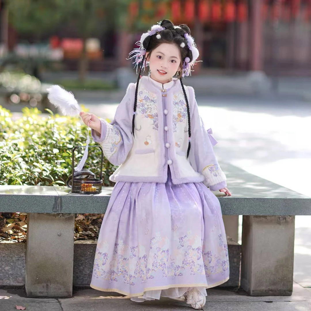 汉服女童2025新款加绒加厚刺绣拜年服秋冬中国风古装唐装儿童套装