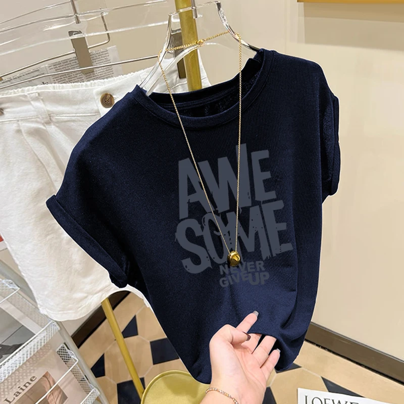 小飞袖正肩短袖t恤女夏季2025新款设计感百搭显瘦圆领藏青色上衣