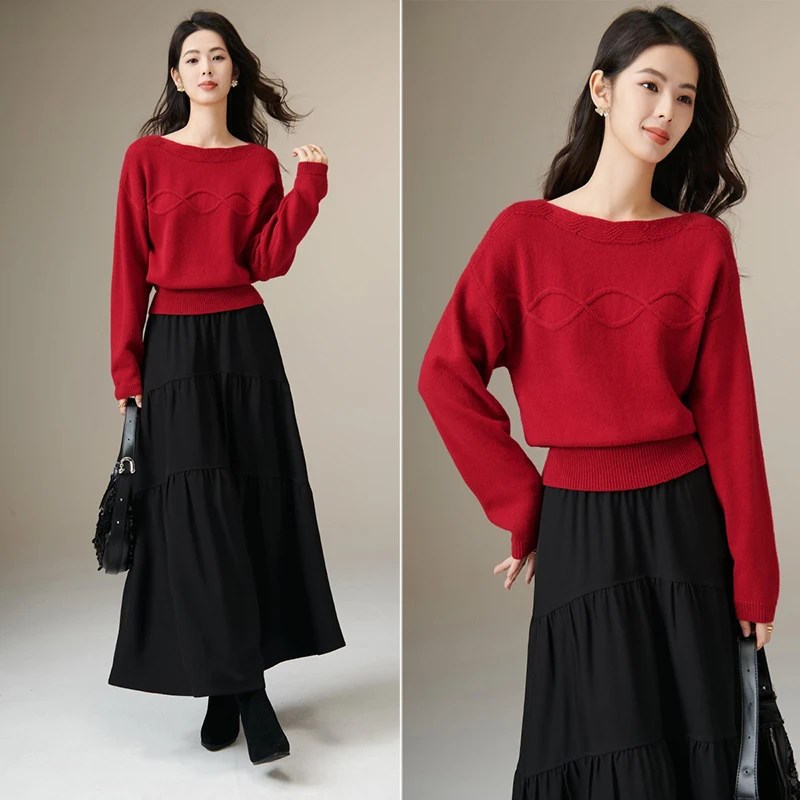 【新品】2025中国红一字领毛衣针织衫25062074