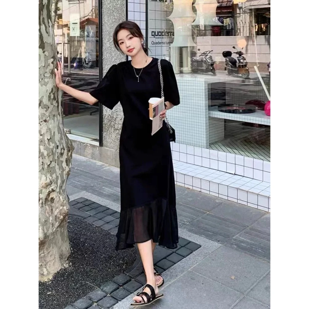 妮妮家152夏季新款宽松黑色中长款网纱拼接连衣裙