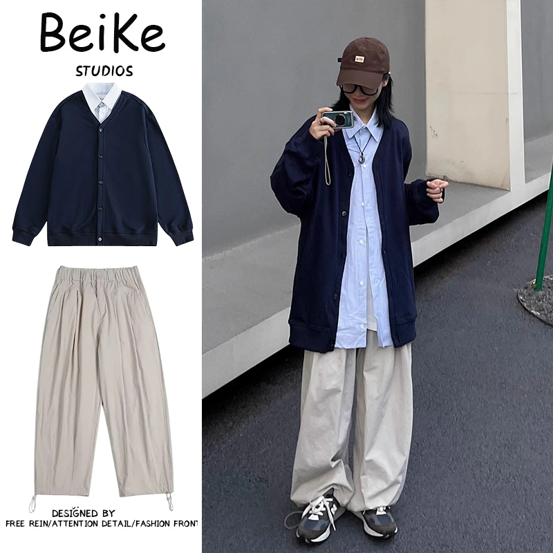 两件装/美式假两件宽松开衫日系上衣休闲宽松情侣长袖秋衬衫外套