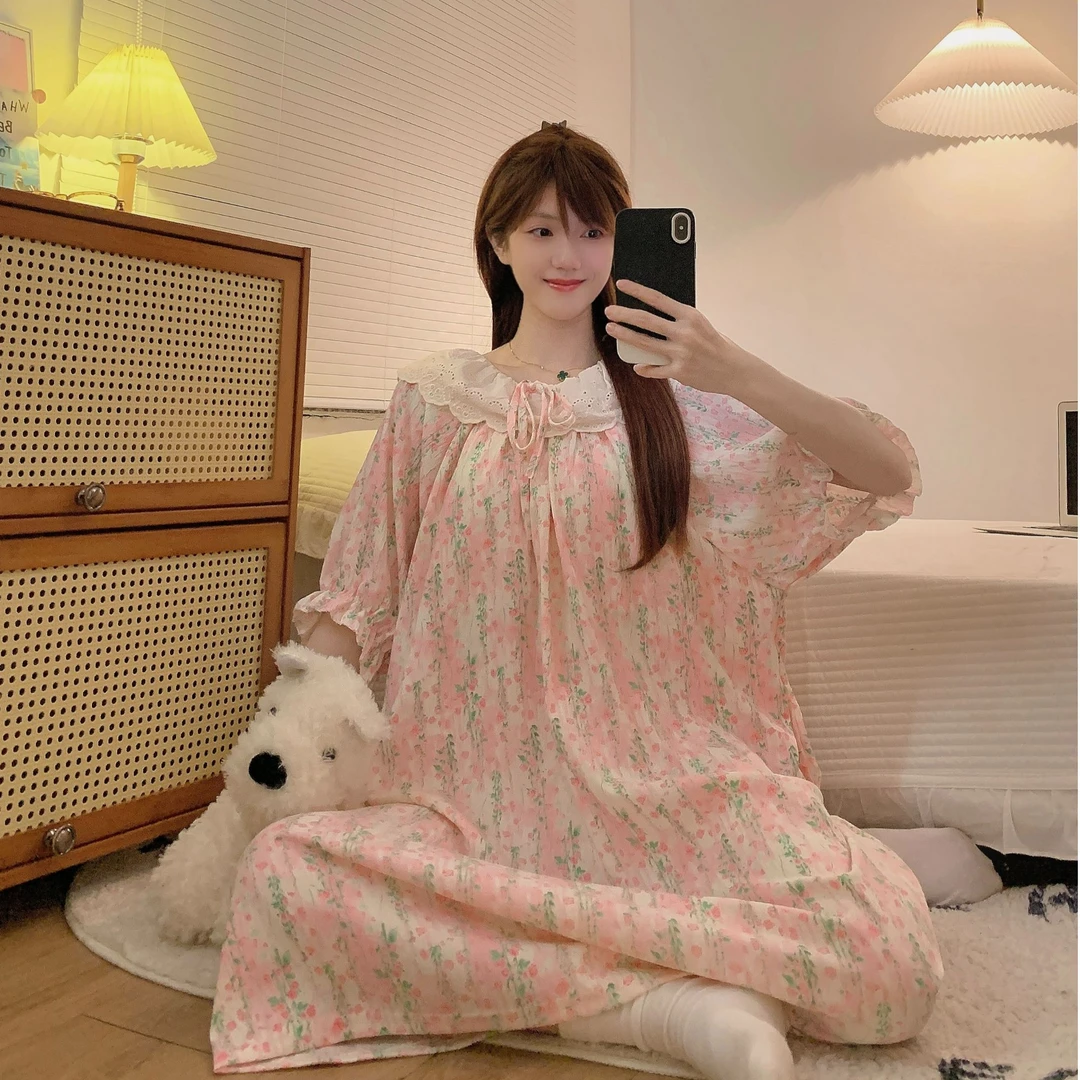 夏季带胸垫睡裙女短袖中长款连衣裙甜美韩版大码家居服睡衣可外穿