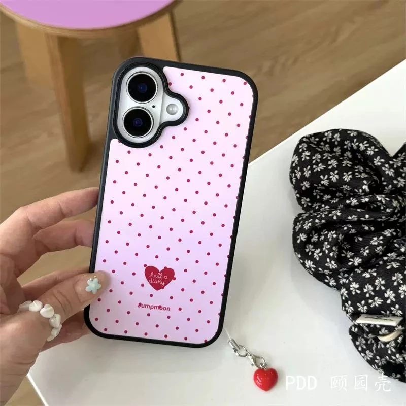 【奶油专属】粉红波点爱心适用苹果16pro女iphone15肤感玻璃手机壳