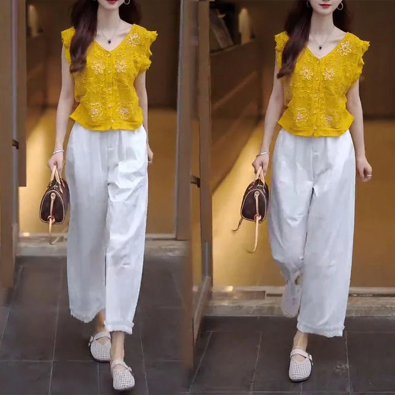 套装女2025年新款爆款木耳边v领上衣高腰显瘦休闲裤两件爆094-