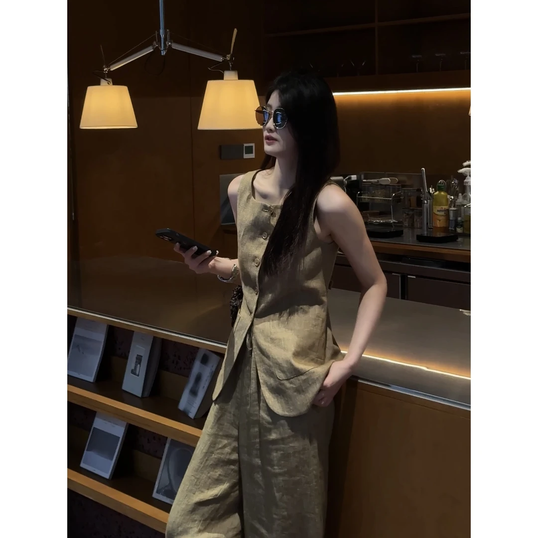 Ah·Jing 梓静 【】亚麻时尚百搭休闲裤度假风休闲风好看复古裤0246