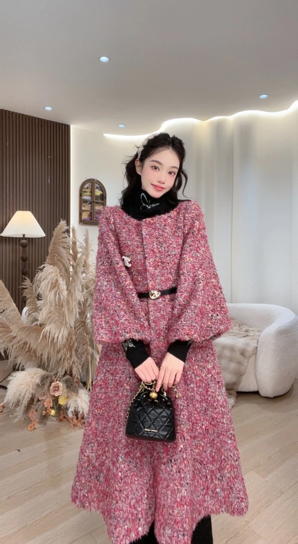 【石潇潇专属】圆领小香风女老钱风毛呢外套开衫羊毛毛呢长款