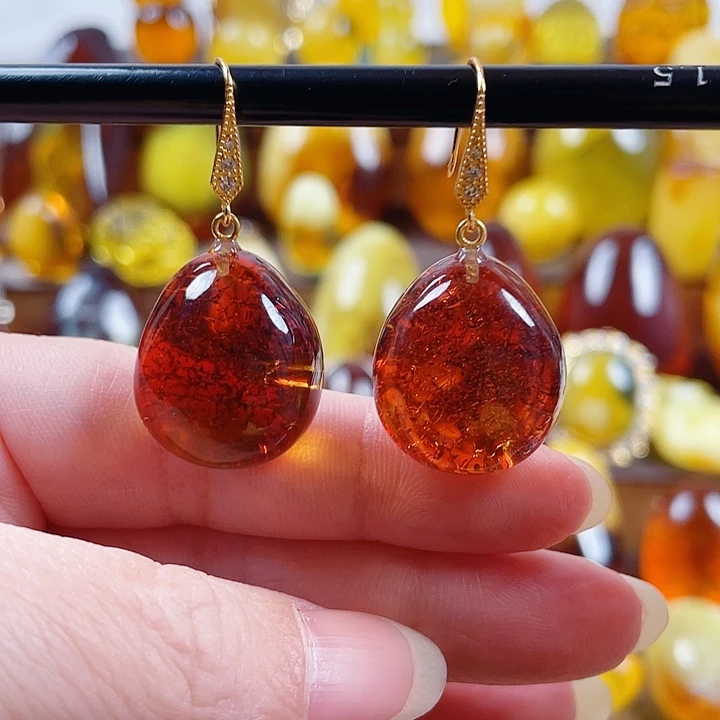 琥珀银S925镶嵌裸石耳环